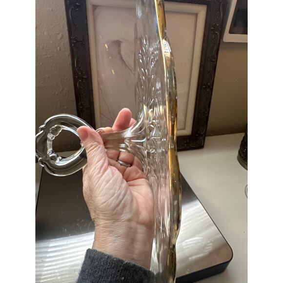 Vtg Mid Century Jeannette Feather Leaf Tidbit Tray Platter Gold Trim Retro Glass - Picture 6 of 10